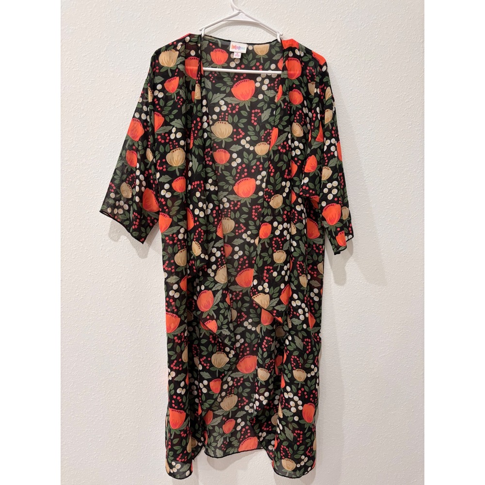 LuLaRoe Shirley Kimono M Black Floral Chiffon Long Duster Cardigan‎ Orange Fall
